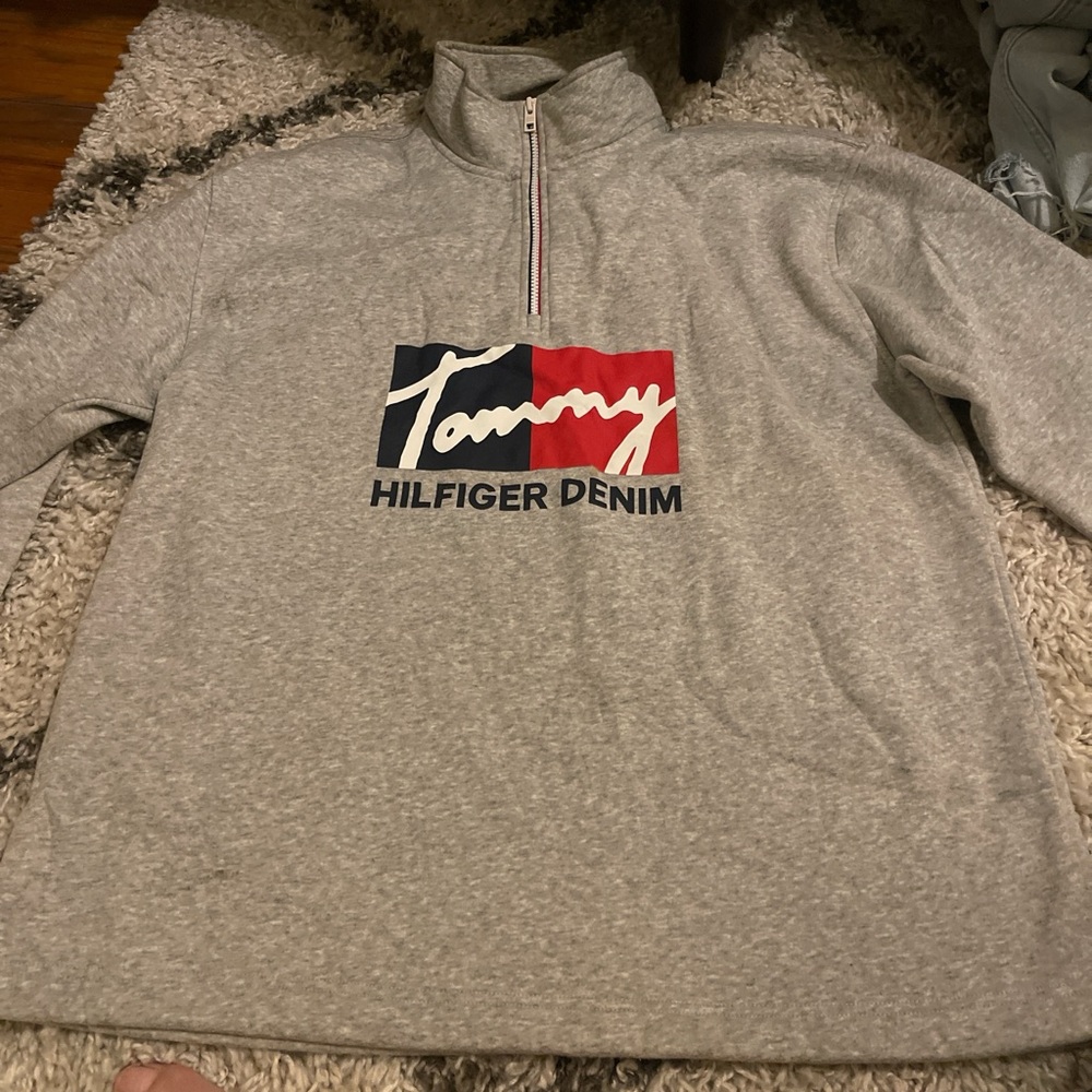 Tommy Hilfiger Denim Big Logo Grey Quarter Zip Sweatshirt